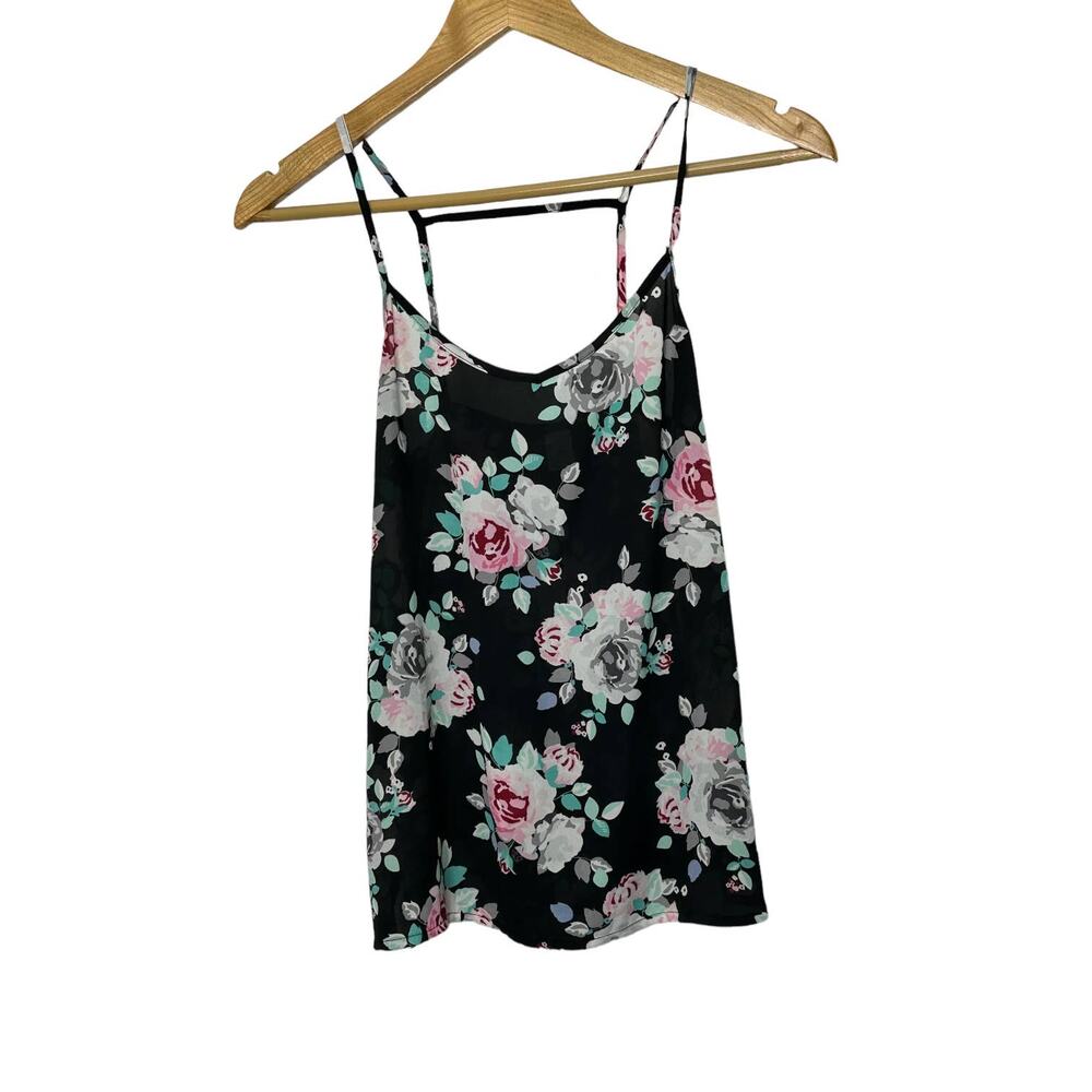 Divided Semi-Sheer Black Floral Ladder Back Tank Top Women's Sz 4